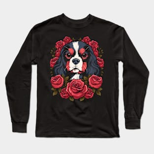 King Charles Spaniel with red roses illustration Long Sleeve T-Shirt